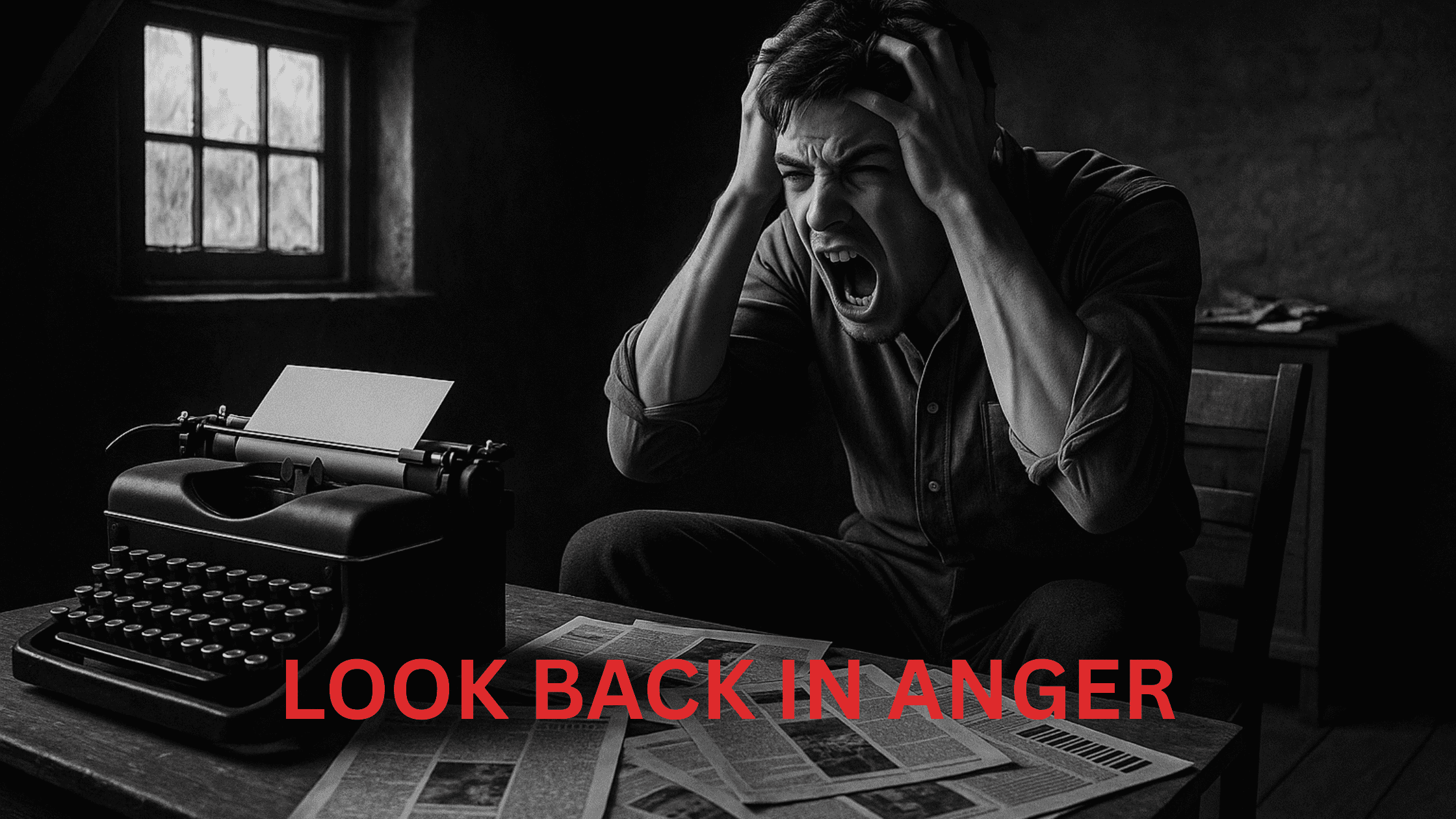 Dramatic black and white scene inspired by John Osborne’s 'Look Back in Anger,' featuring intense emotional expressions and a 1950s British setting with vintage furniture and somber lighting.