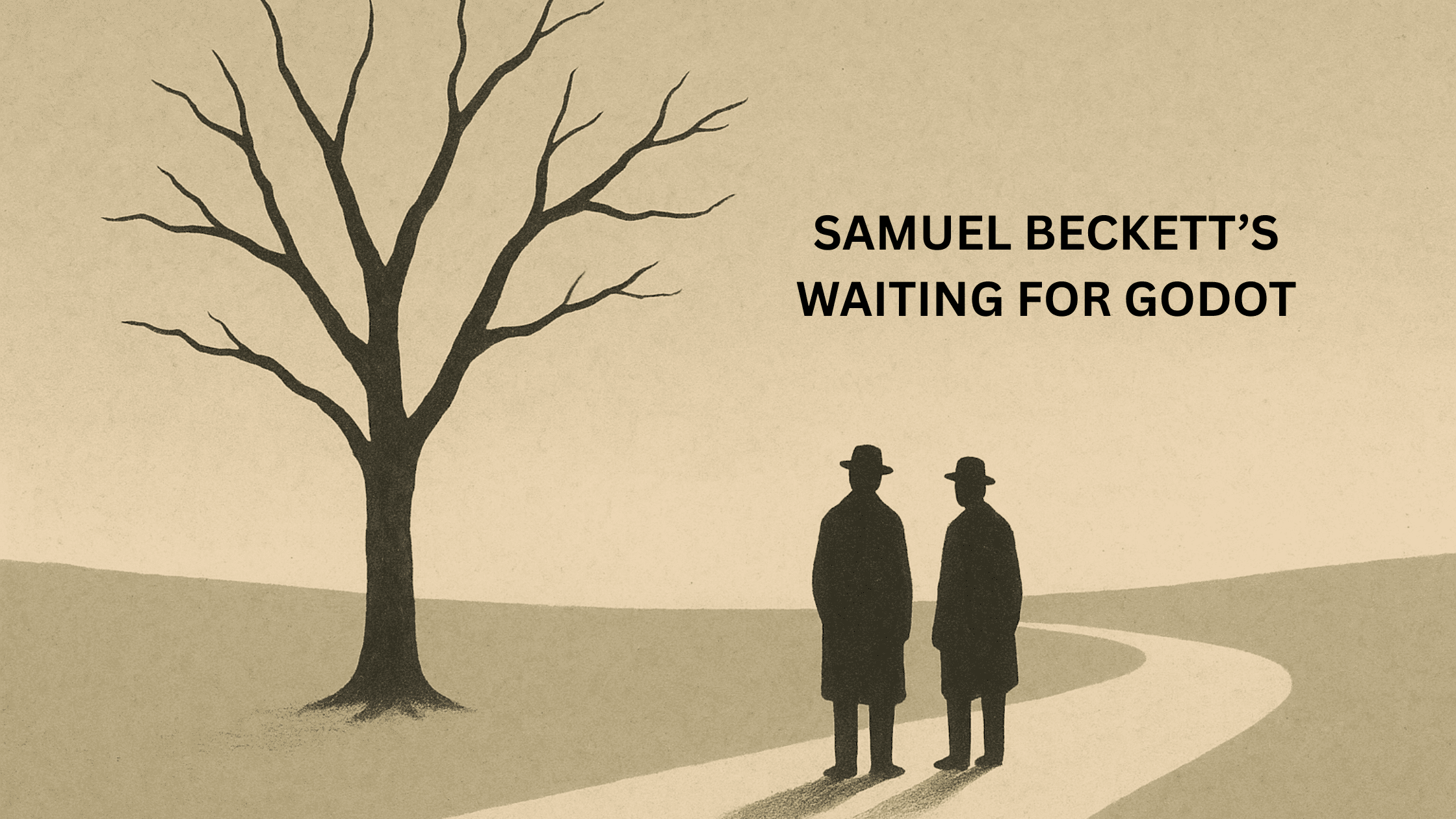 Minimalist illustration depicting two figures waiting by a barren tree on a desolate landscape, symbolizing the existential and absurdist themes of Samuel Beckett’s "Waiting for Godot."