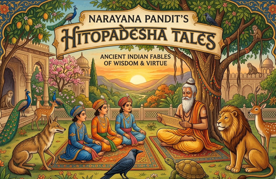 An intricate, vibrant illustration titled "Narayana Pandit's Hitopadesha Tales." In the center, a wise, elderly sage with a long white beard sits cross-legged beneath a sprawling banyan tree, reading from a manuscript. Surrounding him is an attentive audience of both humans—including a king, queen, and children—and animals like a tiger, lion, elephant, monkey, and crow. The setting is a peaceful ancient Indian courtyard with temples and a lotus pond in the background, all bathed in the warm light of a setting sun.