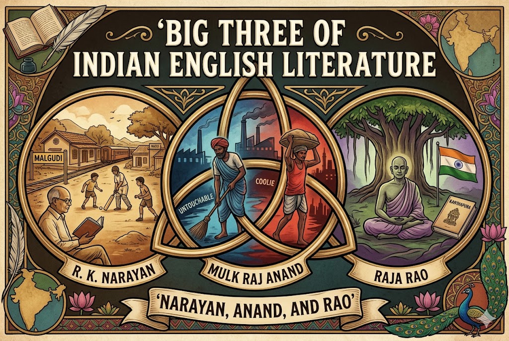 An ornate, vintage-style illustration titled Big Three of Indian English Literature. The image features three interconnected circular frames, each representing a foundational author and their major works.