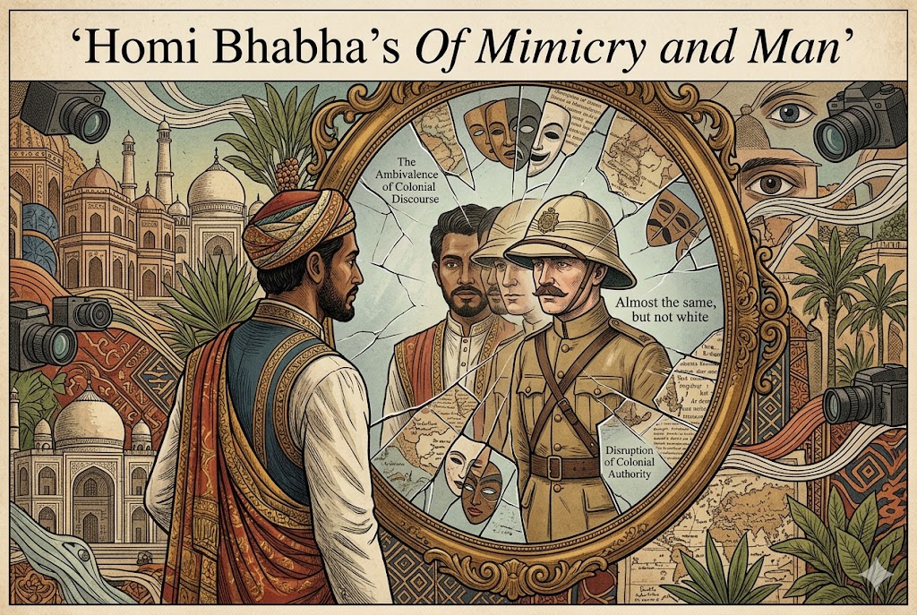 The feature image for the blog post, Homi Bhabha’s Of Mimicry and Man. The generation effectively captures Bhabha's concepts of mimicry and the ambivalence of colonial discourse through a striking visual metaphor: a fractured mirror reflecting a colonized subject as a colonial official, but with critical distortions.
