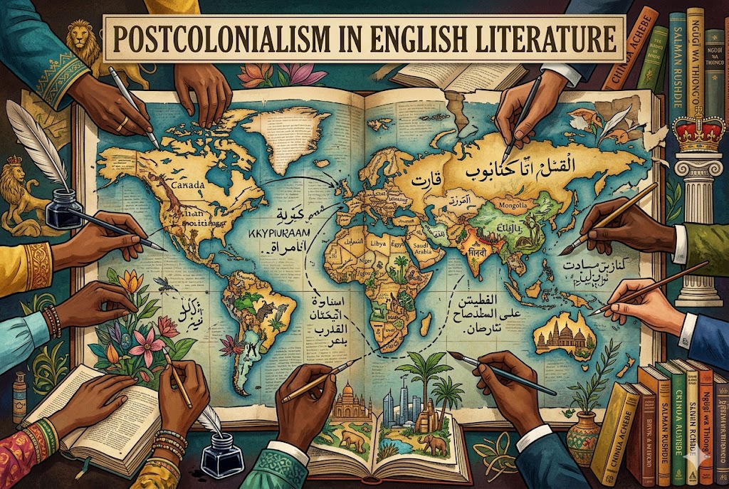 feature image for your blog post, "Postcolonialism in English Literature." The illustration, rendered in a stylized mixed-media and digital painting style, has the required dimensions of 1536x1024 pixels. It captures Bhabha's key concept of the "rewritten canon" by showing a globe, constructed from book pages, being actively reinterpreted and overwritten by diverse hands writing in various scripts, including traditional and contemporary.