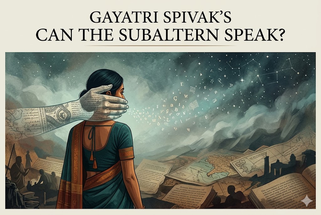 Gayatri Spivak’s Can the Subaltern Speak?. The composition is a thoughtful, modern illustration featuring a South Asian woman from the back, with a large, stylized, semi-transparent hand over her mouth made of complex historical scripts. This hand symbolizes the structural silencing (epistemic violence) discussed by Spivak, while faint, glowing fragments of different languages struggle to rise from beneath, only to diffuse into a turbulent sky.
