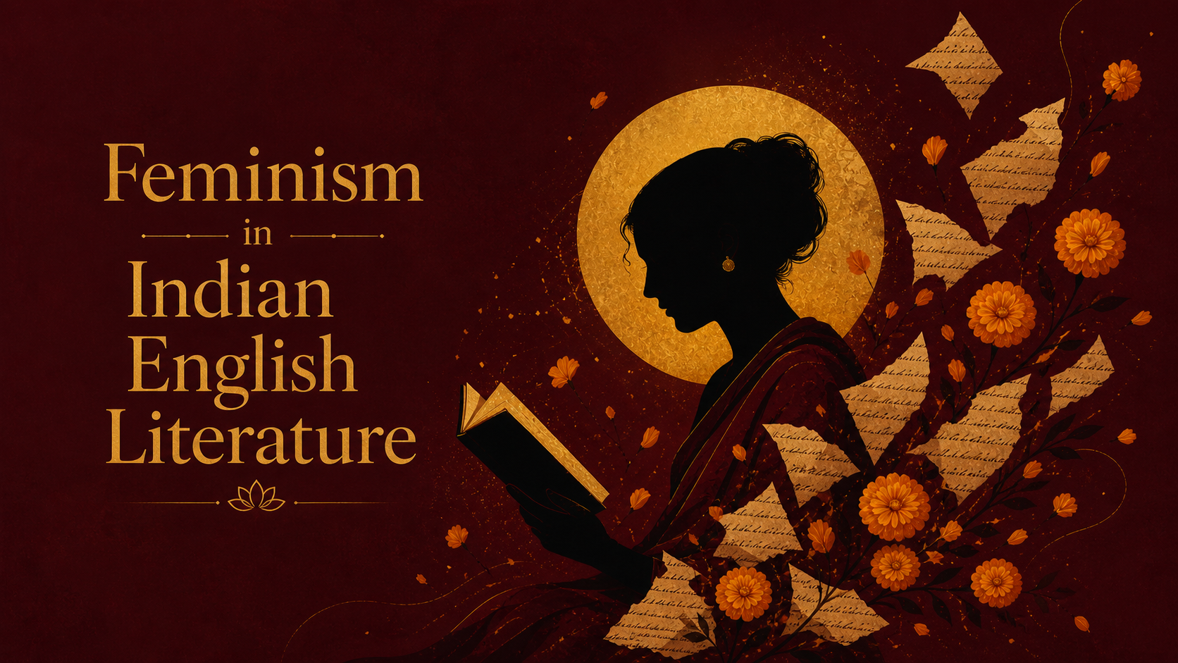 A minimalist digital art poster showing a silhouette of an Indian woman reading, surrounded by floating fragments of handwritten text and marigold flowers, deep maroon background with golden accents, contemporary feminist art style, Text Overlay: Feminism in Indian English Literature 