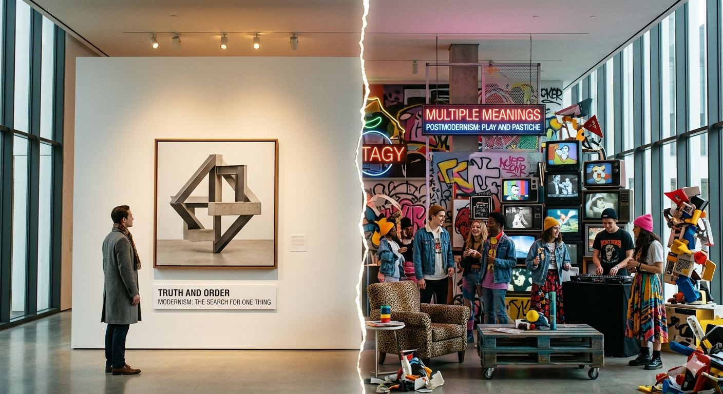 A split modern museum gallery, wide angle photograph. The left side is a stark, minimalist white wall with a precisely aligned frame displaying geometric abstract art, a plinth with a sculpture of steel and glass, and a clean label reading 'TRUTH AND ORDER' with 'MODERNISM' below.